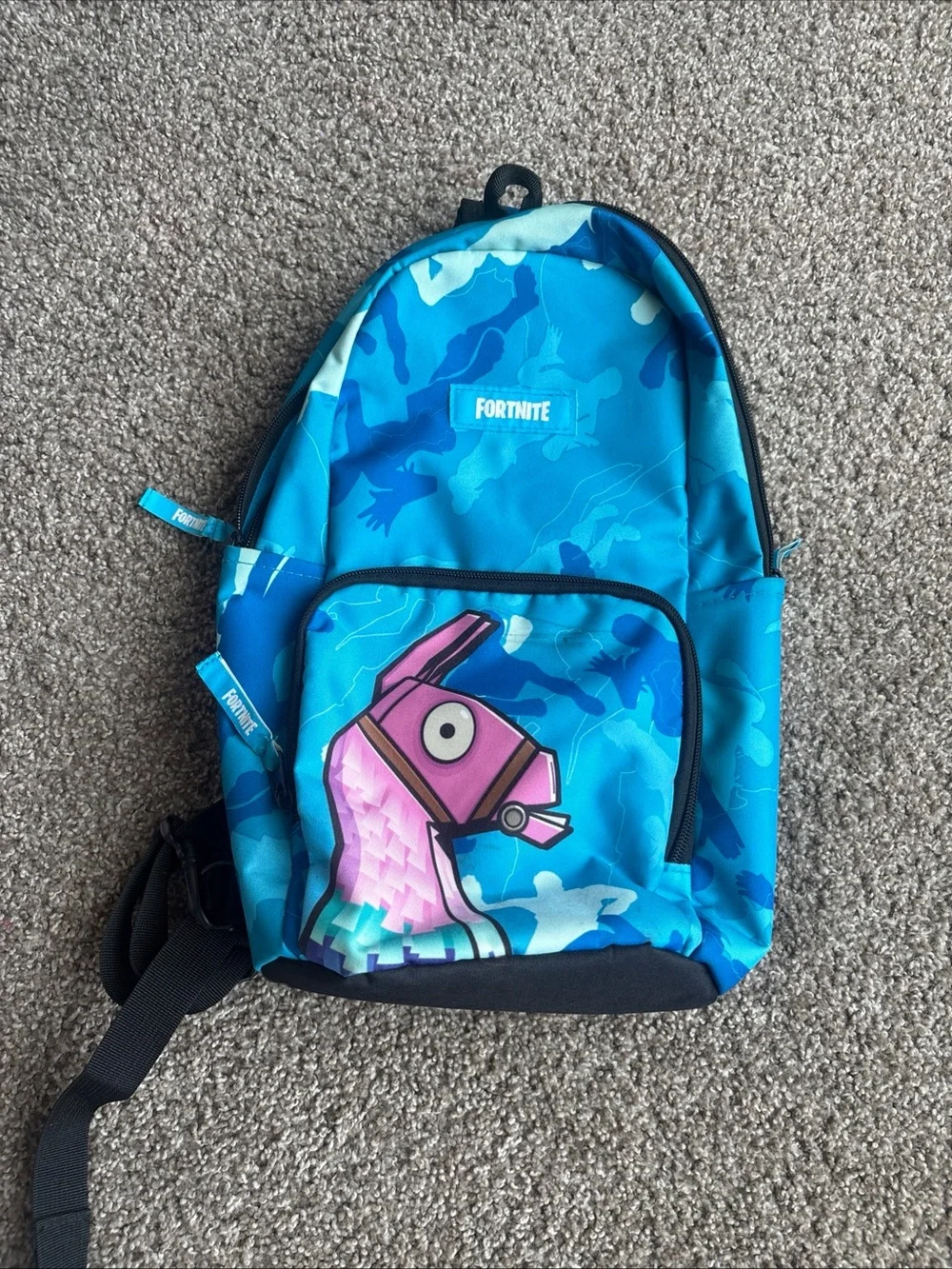 Kids Blue Camo Backpack with Pink Llama Graphic